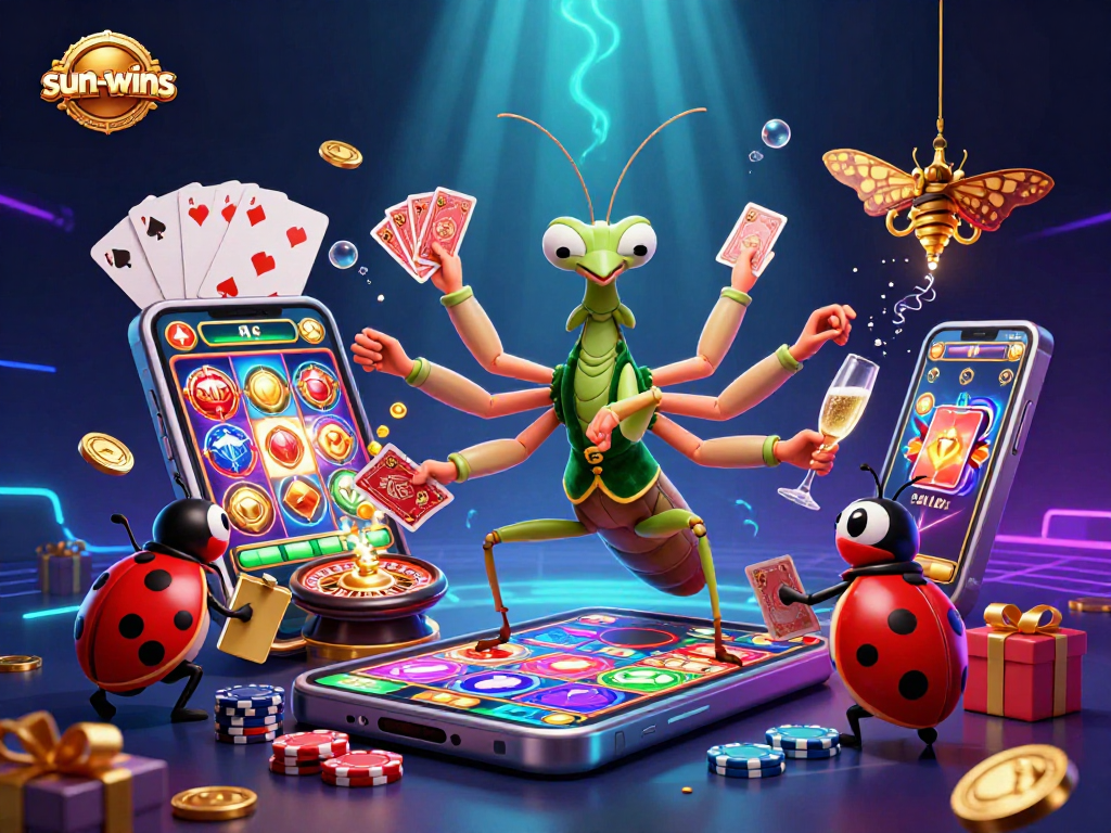 Experience thrilling gameplay at sun-wins with a giant praying mantis card sharpie and ladybug pit boss.