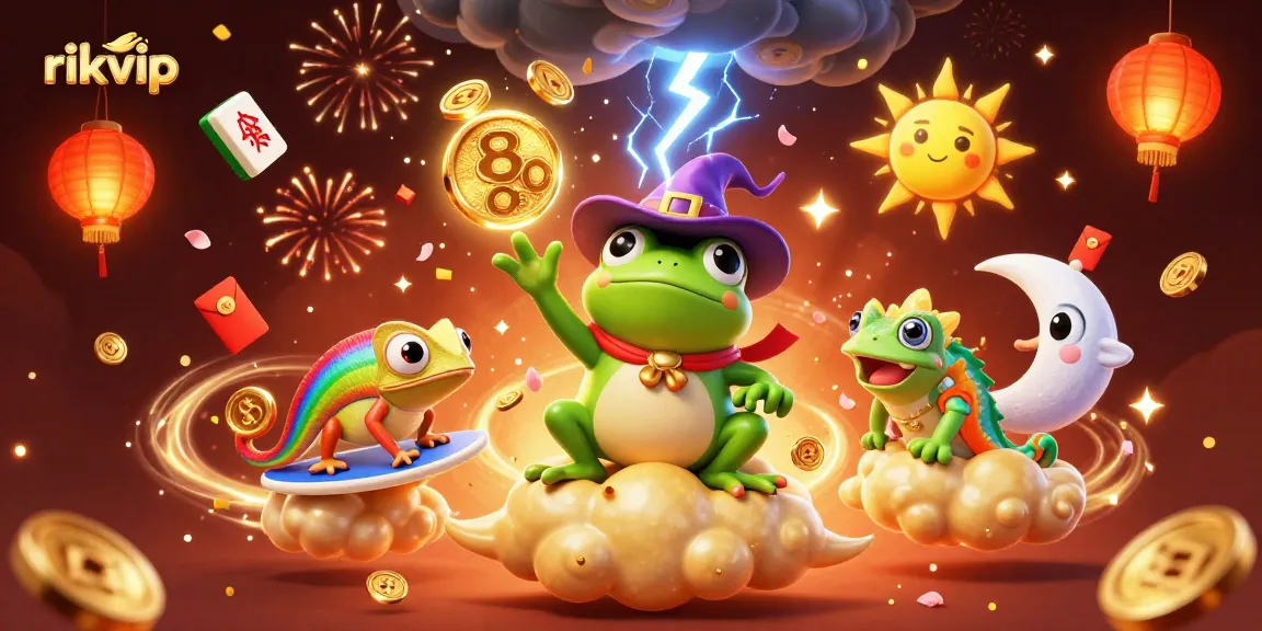 Experience the thrill of rikvip while witnessing a magical scene of a frog wizard and chameleon amidst casino elements.