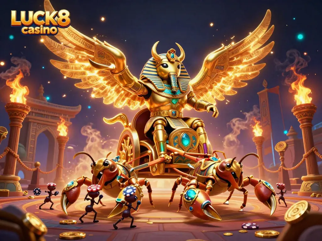 Engage with LUCK8 casino's vibrant gaming world featuring a colossal golden scarab beetle and scorpion chariot.