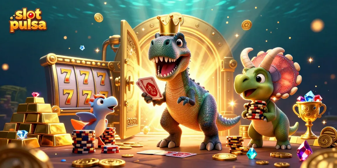 Engage with slot pulsa gaming in a vibrant 3D illustration featuring dynamic elements and dinosaur characters.