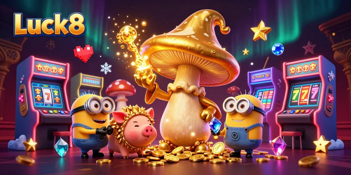 Luck8's vibrant casino scene features a golden mushroom wizard surrounded by treasures and gaming elements.