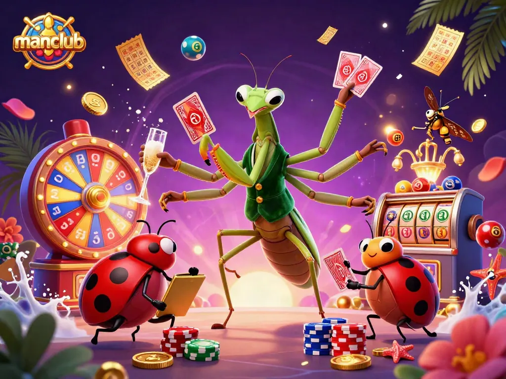Engage with manclub by spinning vibrant slot reels and winning golden tickets in an exciting casino scene.