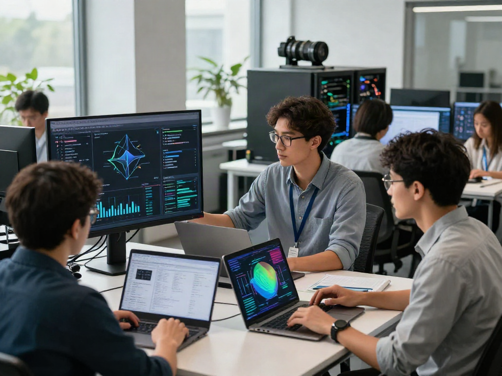 Engineers collaborating in a tech office, analyzing data for AI Token Economy infrastructure.