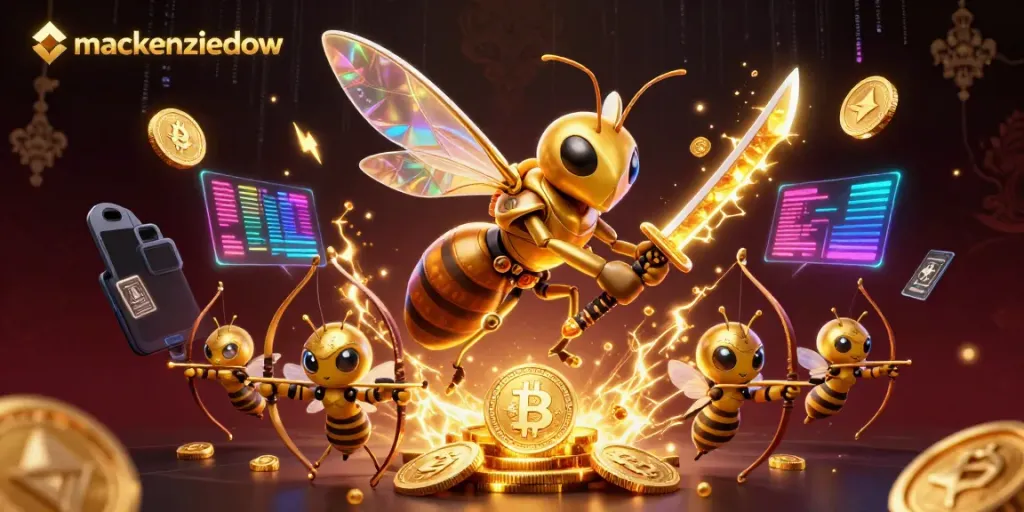 Experience thrilling gaming action with the mackenziedow brand in this vibrant 3D illustration rich with golden hornet characters amid casino elements.
