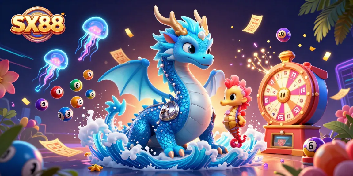 SX88 presents a vibrant scene with a dragon and seahorse knight amidst floating lottery balls and a spinning prize wheel.