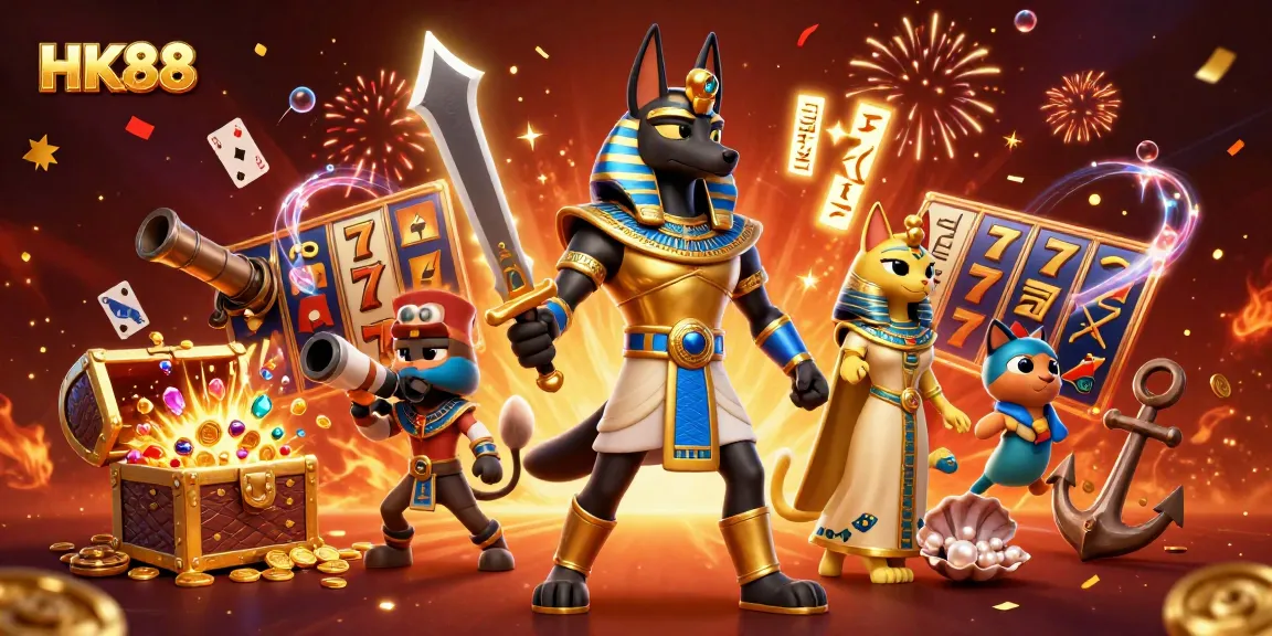 Experience dynamic casino action with HK88 as Anubis and Bastet navigate spinning slot reels and treasures.