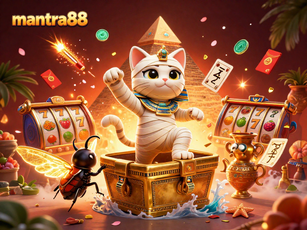 Experience the thrill of mantra88 with a dazzling casino scene featuring a mummy cat, glowing scarab, and floating hieroglyph cards.
