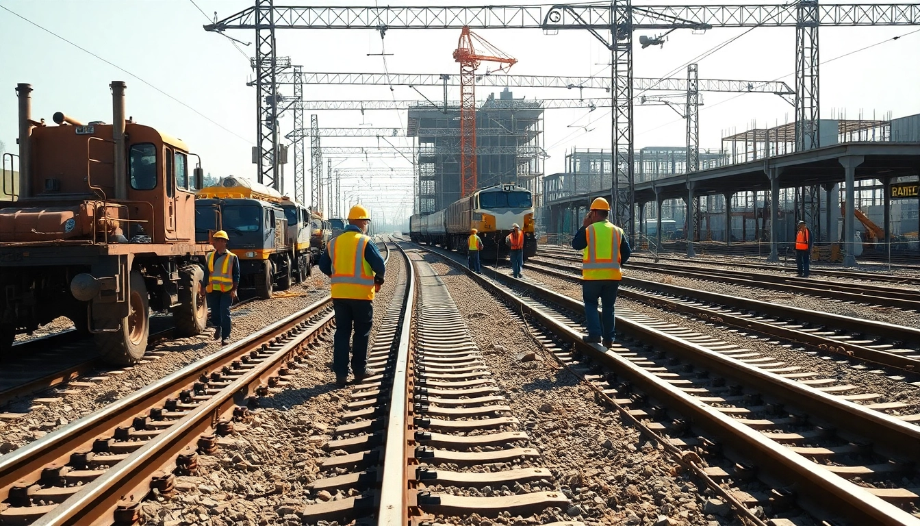 Workers engaged in Railroad Construction laying tracks at a busy site.