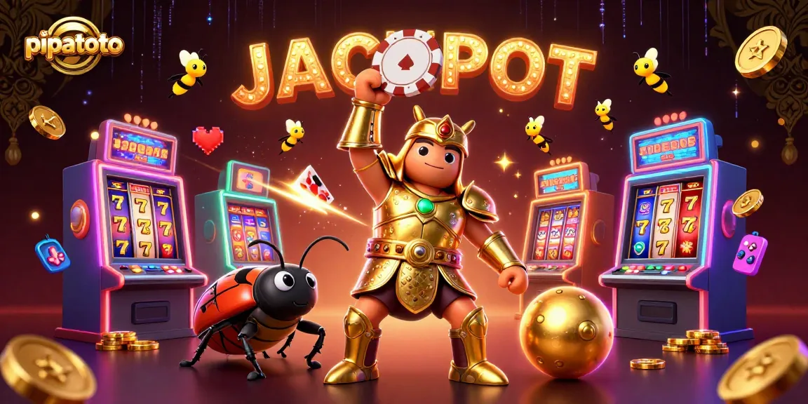 Engage with pipatoto's thrilling jackpot scene featuring a heroic beetle amidst vibrant slot machines and neon effects.