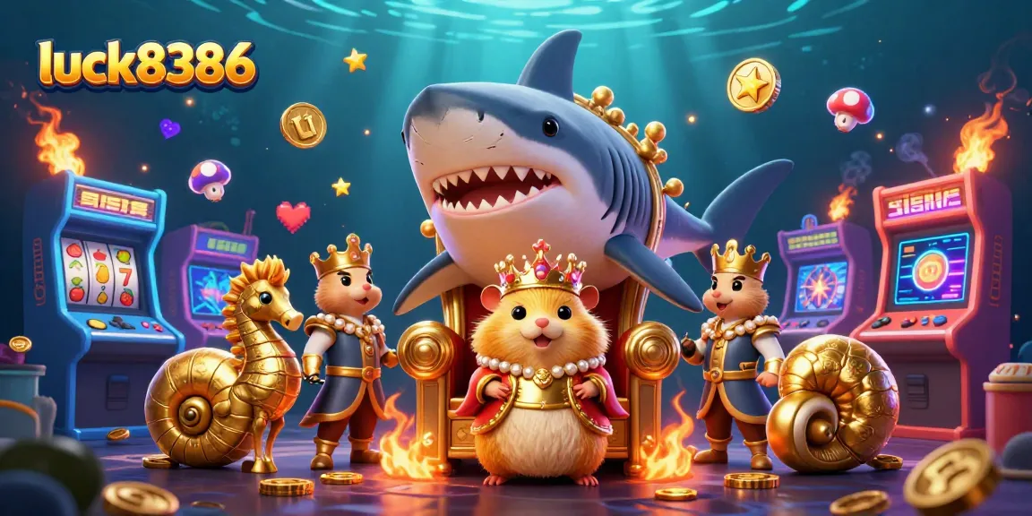 Experience the excitement of gaming at luck8386 with a golden hamster king on a megalodon throne.