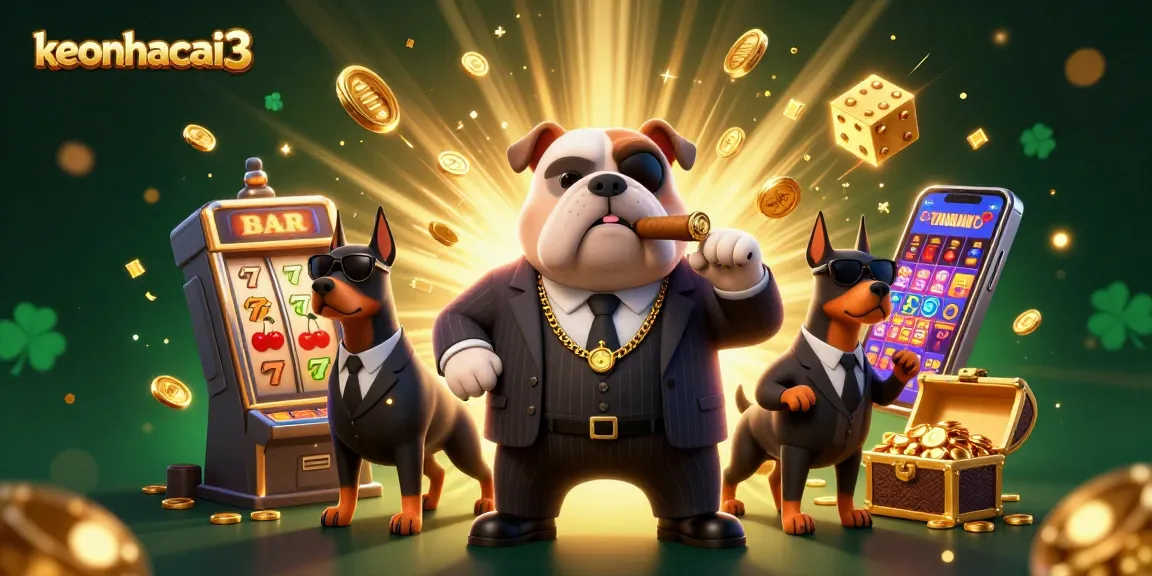 Engage with keonhacai3 as a bulldog mob boss and two Doberman guards celebrate a jackpot explosion in a vibrant casino scene.