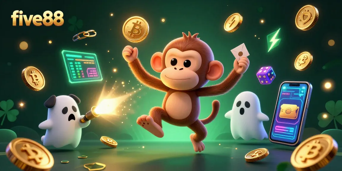 Watch the five88 monkey juggle gold coins and cards in a haunted casino.
