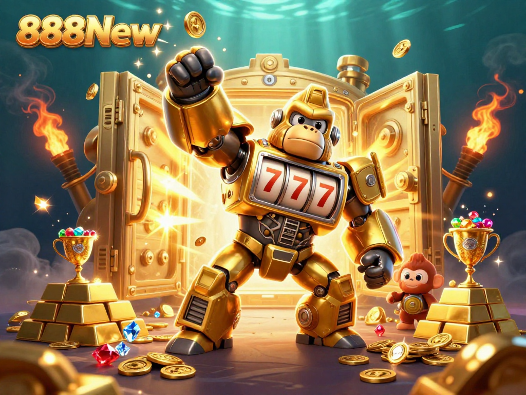 Engage in thrilling gameplay at 888New with our action-packed casino experience featuring a golden gorilla mech!