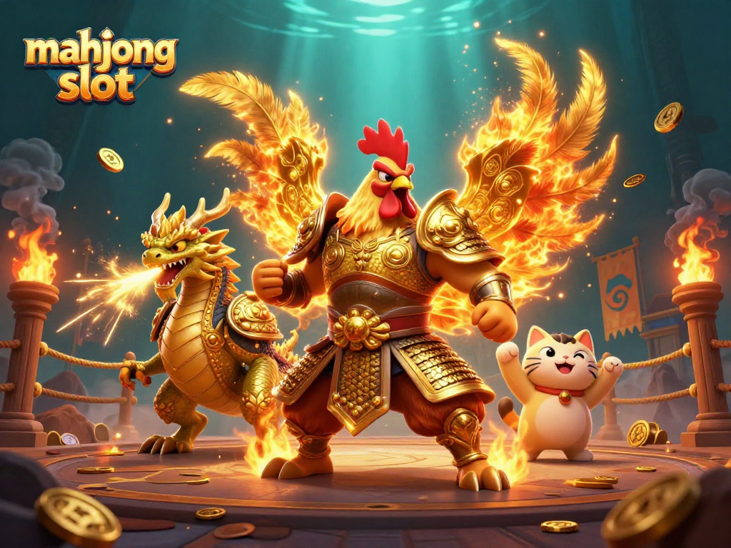 Play mahjong slot with a dynamic battle scene featuring warrior and dragon characters in ornate armor and gold details.