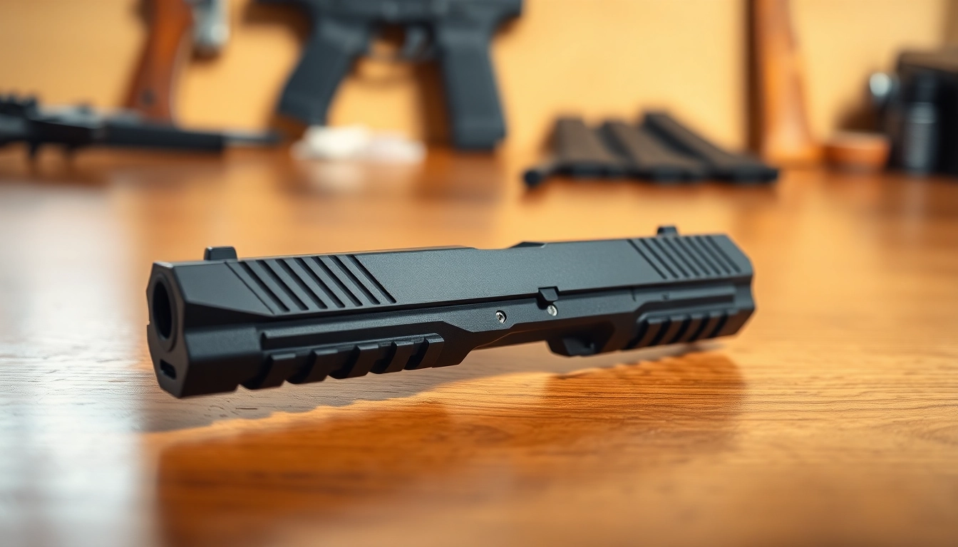 Examine the glock 19 slide with detailed craftsmanship against a polished backdrop.