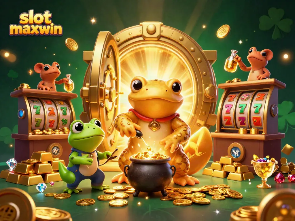 Experience slot maxwin excitement with gold coins, reels, and enchanted creatures in a vibrant casino.