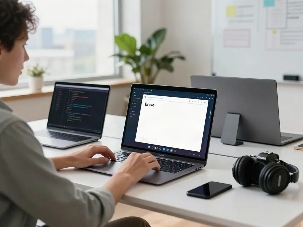 Person using brave浏览器 on modern workspace, surrounded by tech.