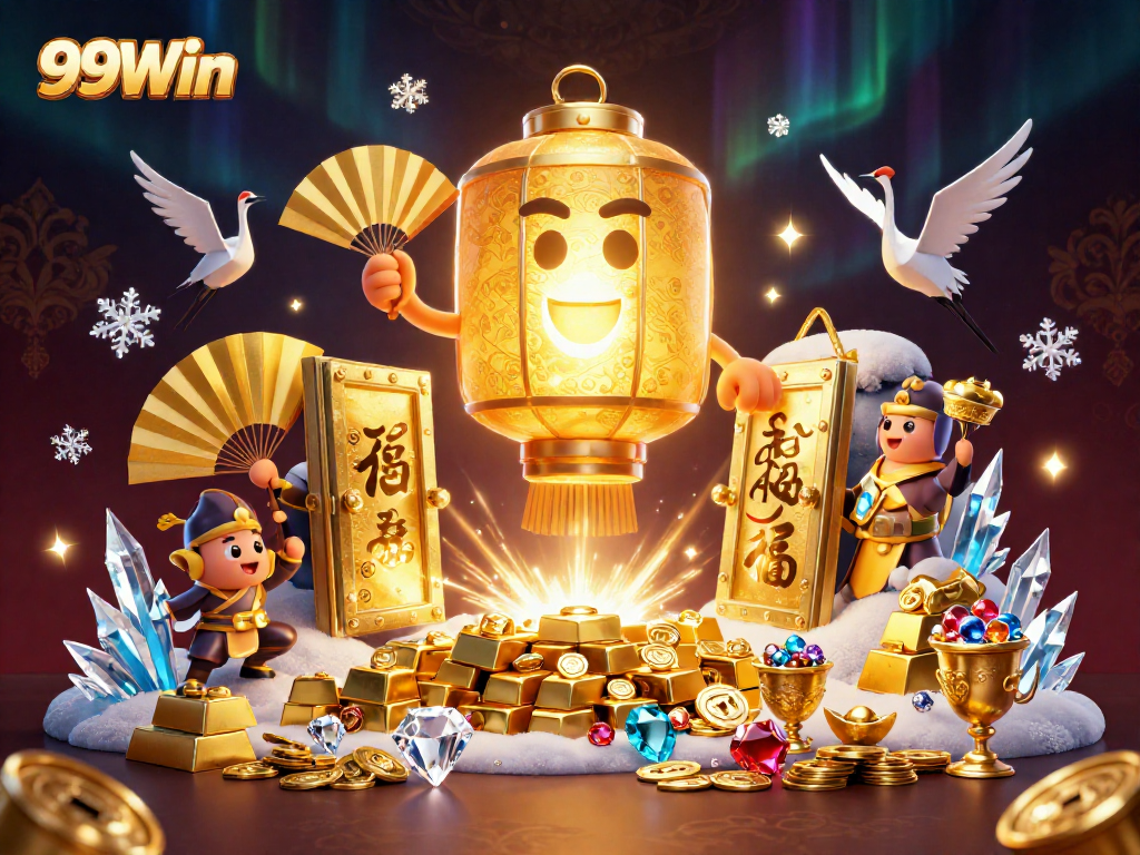 Experience the vibrant world of 99Win as golden lantern spirits illuminate an online casino with treasure and luck.