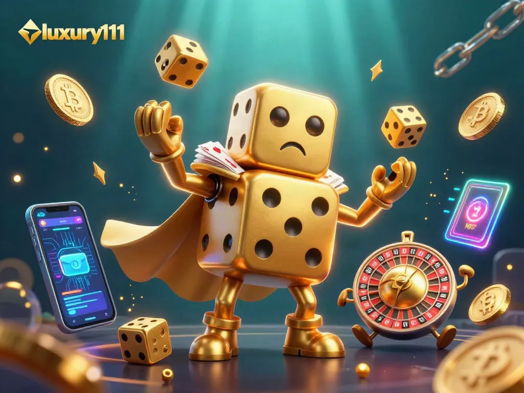 Engage with luxury111's interactive gaming experience featuring golden dice and crypto elements.