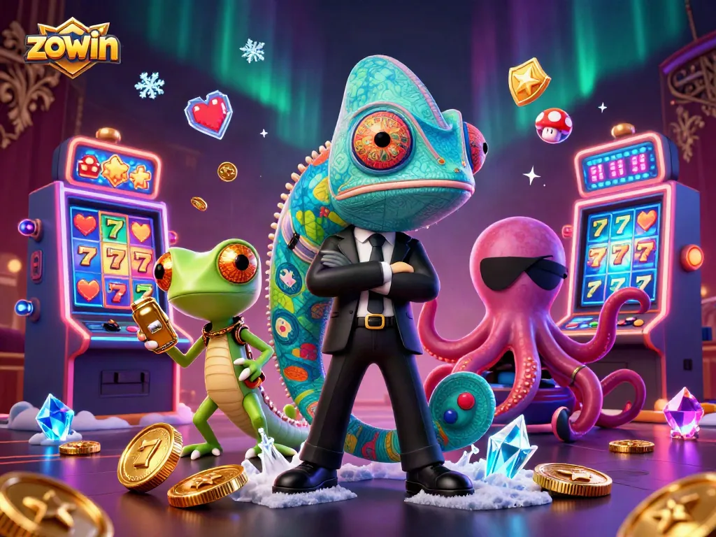 Zowin showcases a vibrant 3D illustration featuring slot machines, secret agent characters, and colorful gaming elements.