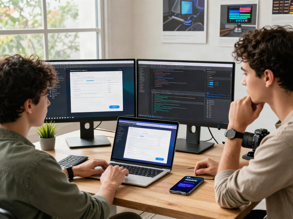 The cocoflix app showcased in a vibrant tech workspace with a developer at work.