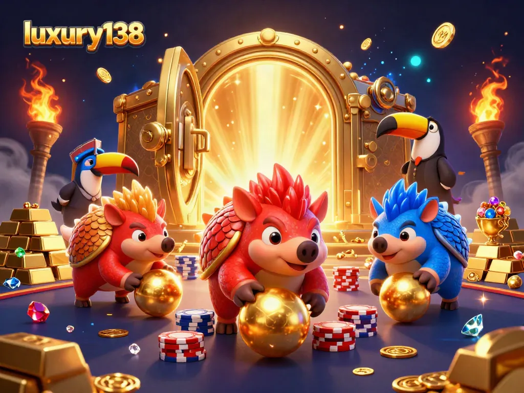 Luxury138 menghadirkan permainan kasino dengan pangolin berwarna-warni, dikelilingi tumpukan chip dan emas.