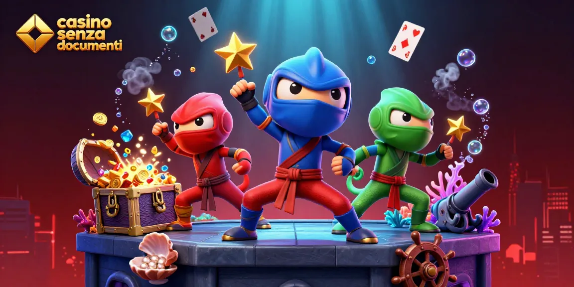Gioca nei casinò senza documenti con una scena vibrante di ninja camaleonti e tesori subacquei.
