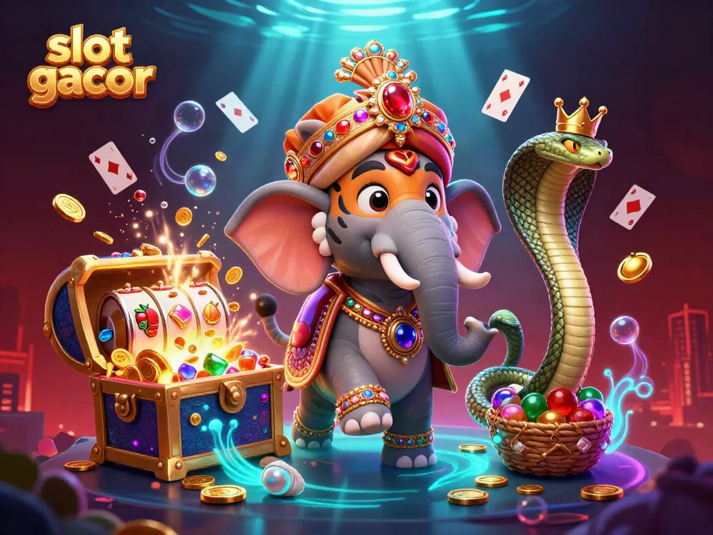 Ilustrasi slot gacor yang menggambarkan harimau maharaja mengendarai gajah berhiaskan permata di latar bawah laut