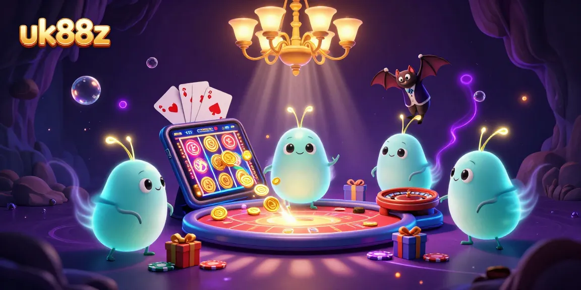 Engage in fun gaming with uk88z at a bioluminescent cave casino featuring vibrant animated characters.