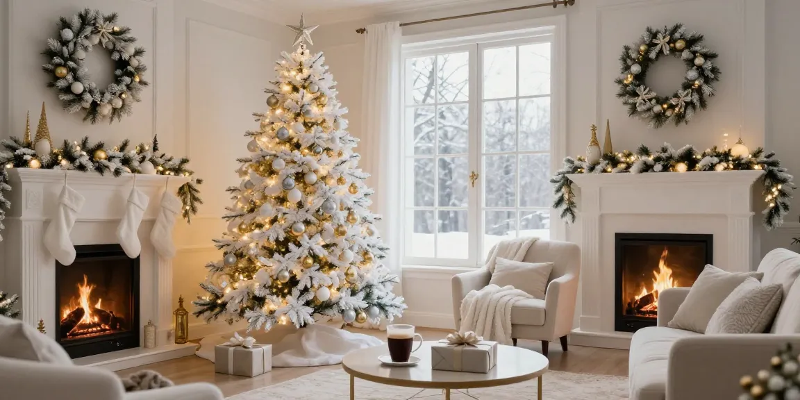 Beautifully decorated white Christmas tree with silver ornaments in a cozy living room.