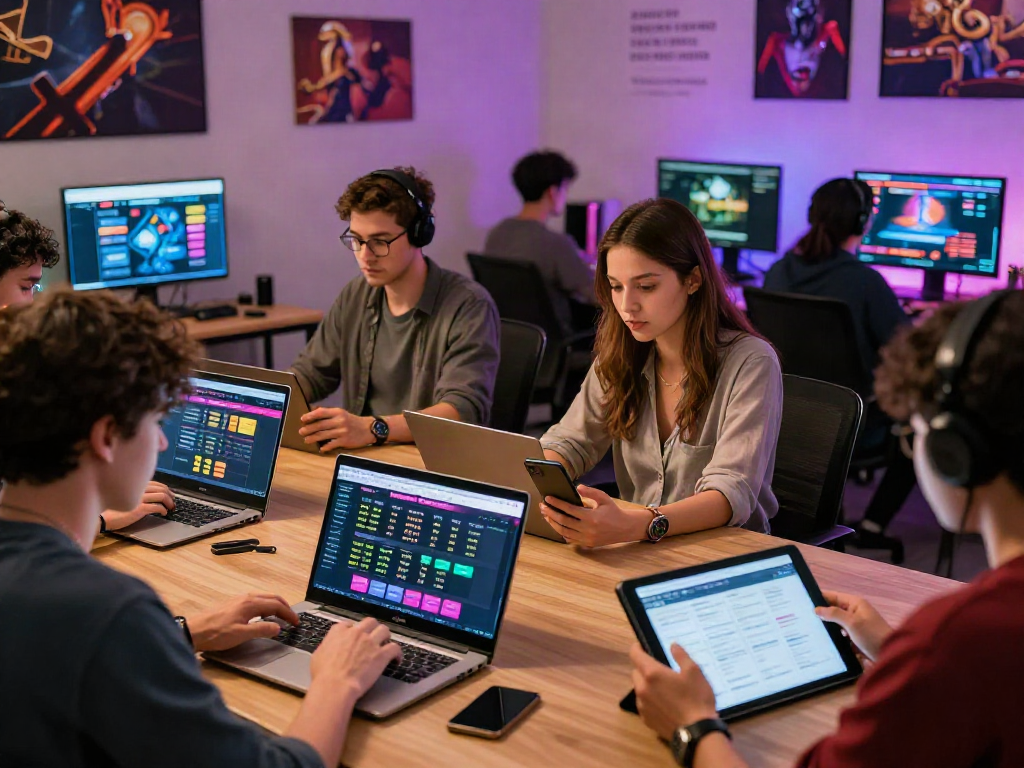 Community engaging in 먹튀검증 to verify online gambling sites, lively workspace with users analyzing gaming platforms.