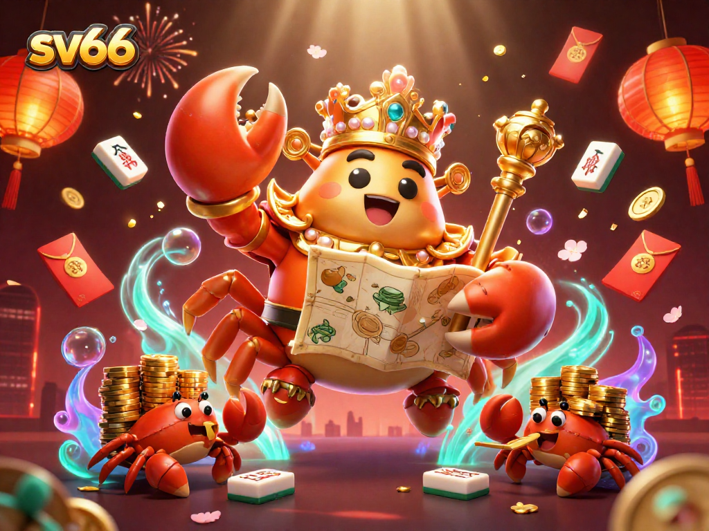 Experience the thrilling games at sv66 with a vibrant 3D casino illustration featuring a golden crab emperor.