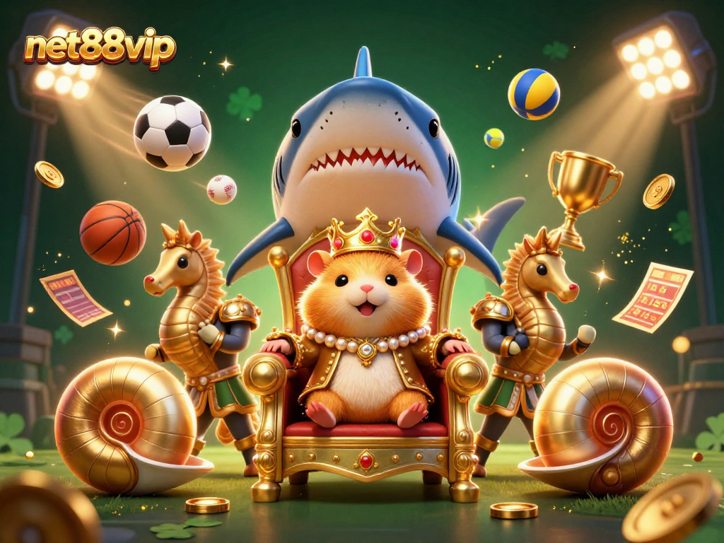 Experience net88vip with a dynamic scene featuring the hamster king and royal seahorse guards in a rich casino backdrop.