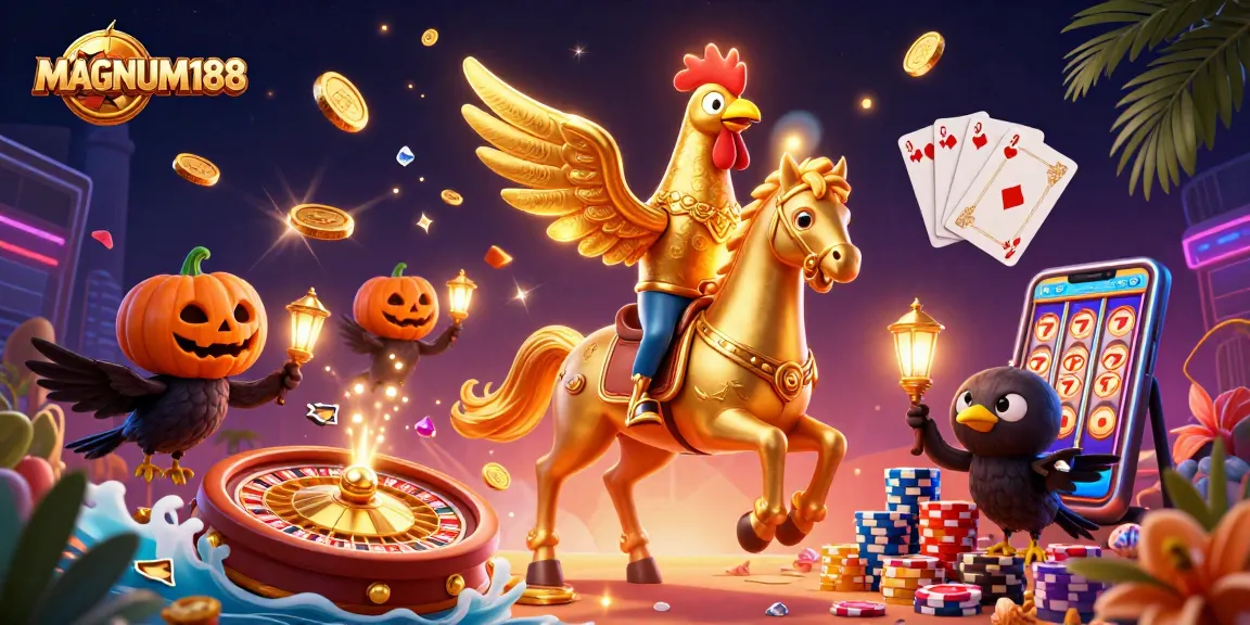 Experience thrilling gameplay at MAGNUM188 with dynamic golden coins, vibrant poker chips, and a spectacular casino atmosphere.