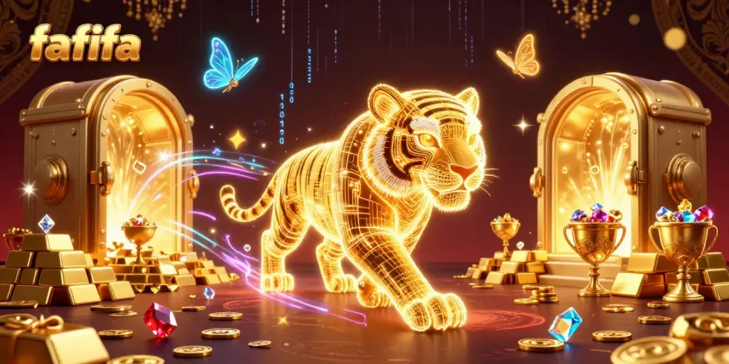 Experience the thrill of betting at fafifa with a glowing golden tiger and gems in action.