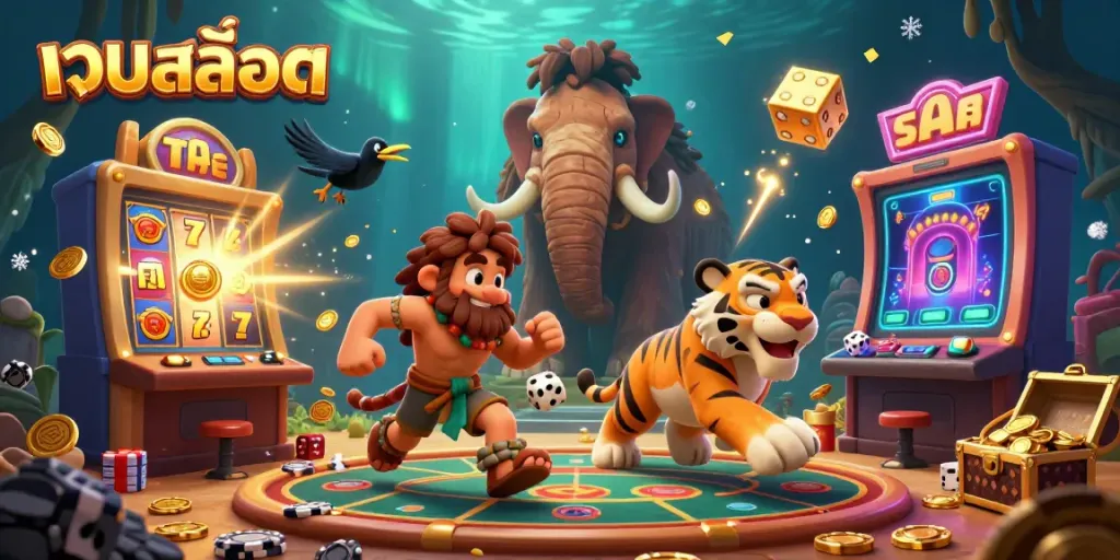 Experience the excitement of เว็บสล็อต with a dynamic cartoon casino scene featuring characters and vibrant game elements.