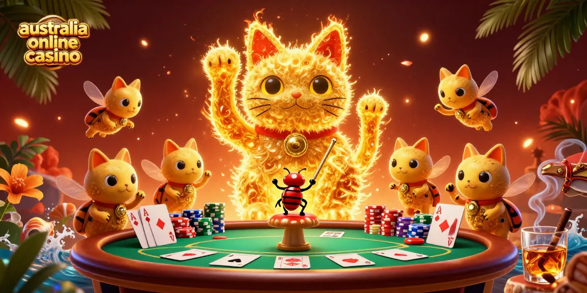 A dynamic scene of a lucky cat and conductor beetle celebrating at an australia online casino poker table.
