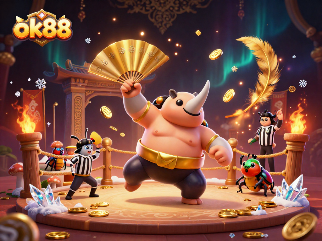 Experience the exciting atmosphere of ok88, featuring a sumo beetle champion surrounded by golden coins.