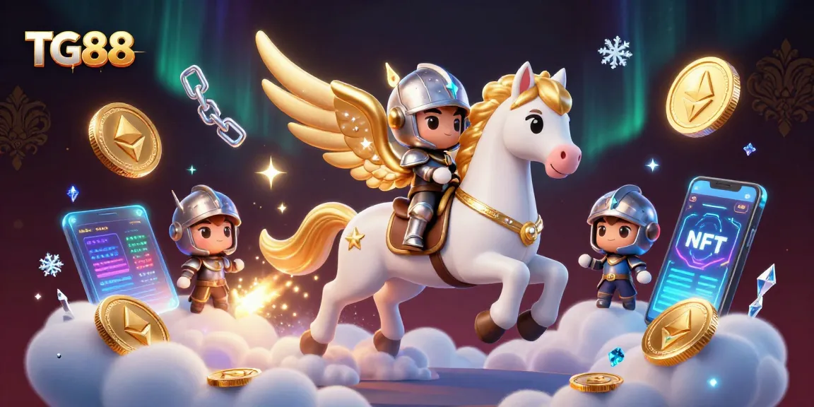 Experience the thrill of TG88 with a celestial horse and crypto elements in an engaging casino scene.