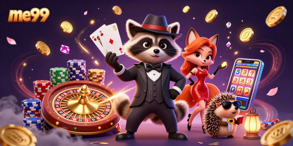 Experience the allure of me99 with a raccoon in a suit and a fox lady sparkling in a casino scene.