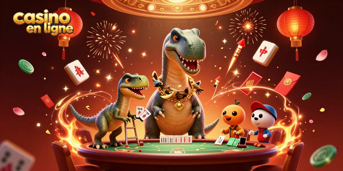 Illustration d'un casino en ligne avec un brontosaurus géant et un raptor distribuant des cartes.