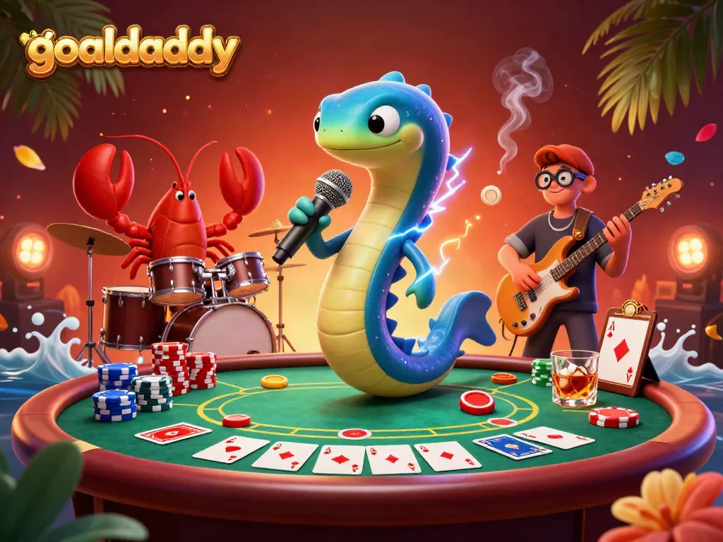 Experience goaldaddy's electrifying underwater casino with a lively DJ eel and vibrant poker elements in stunning 3D.