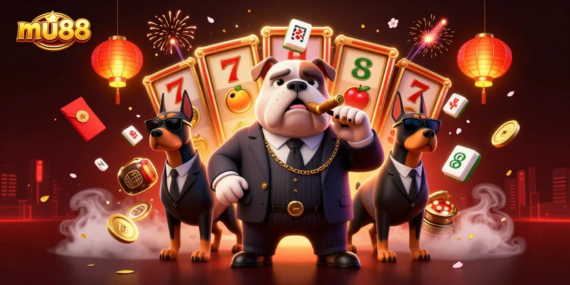 mu88 showcases a lively casino scene with a mafia bulldog and fresh slot game excitement.