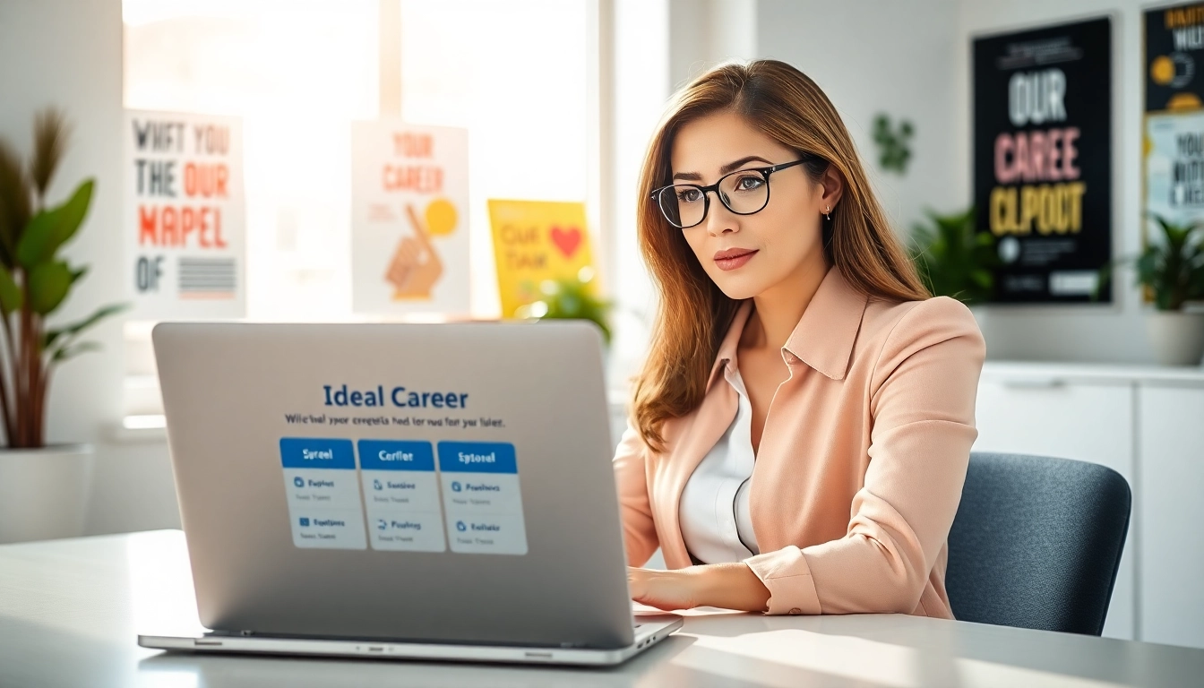Envisioning her Ideal Career, a woman reflects at a modern desk with a laptop.