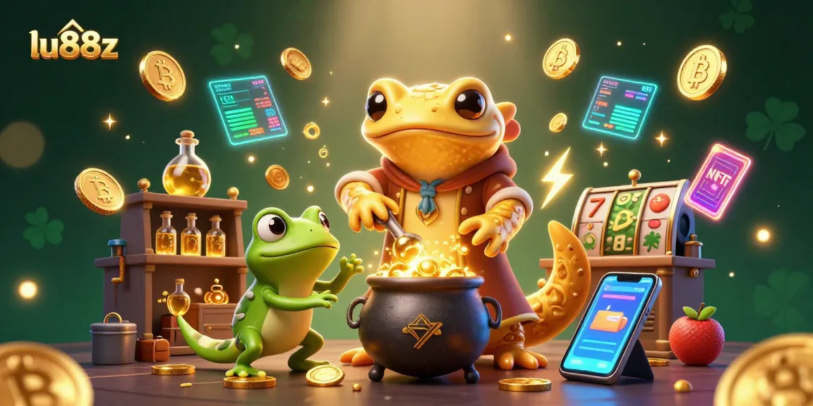 Engage in gameplay at lu88z with a vibrant casino scene blending crypto elements and slot symbols.