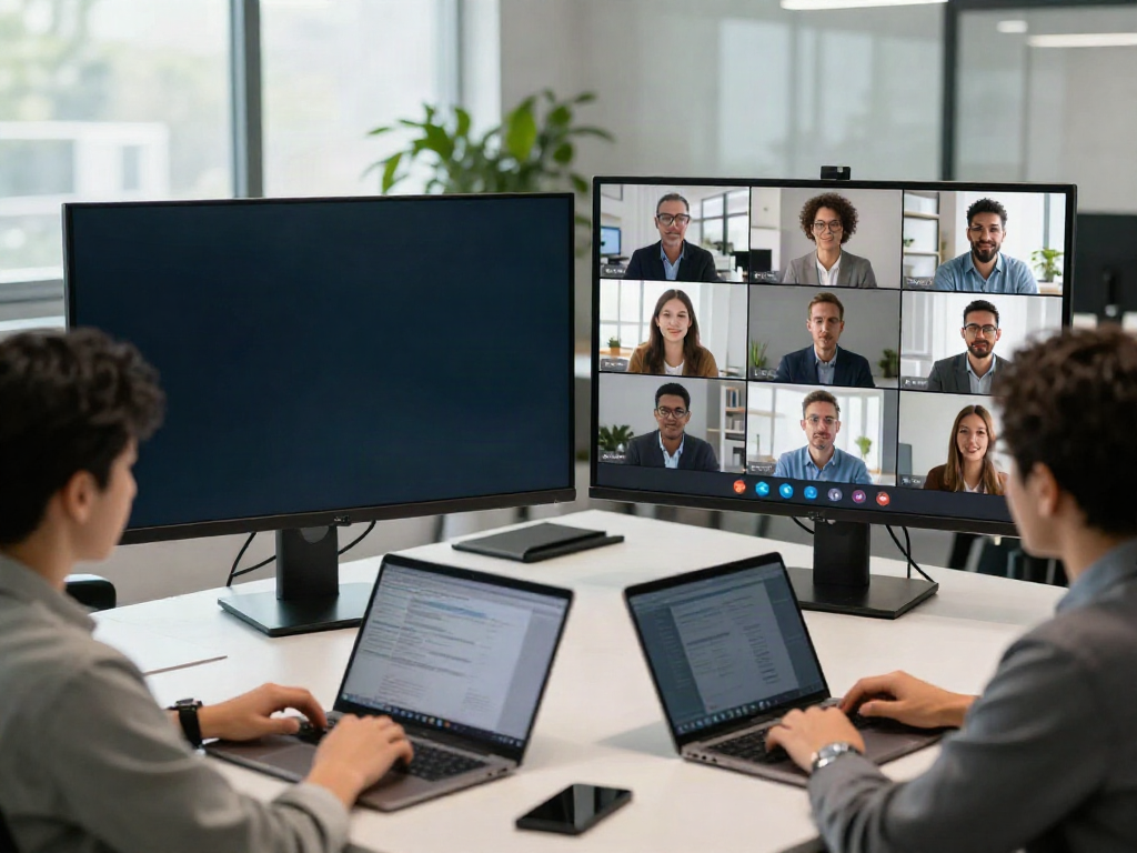 Deepfake protected Online Video Calls, Meetings and Conferencing with a diverse team in a vibrant office.