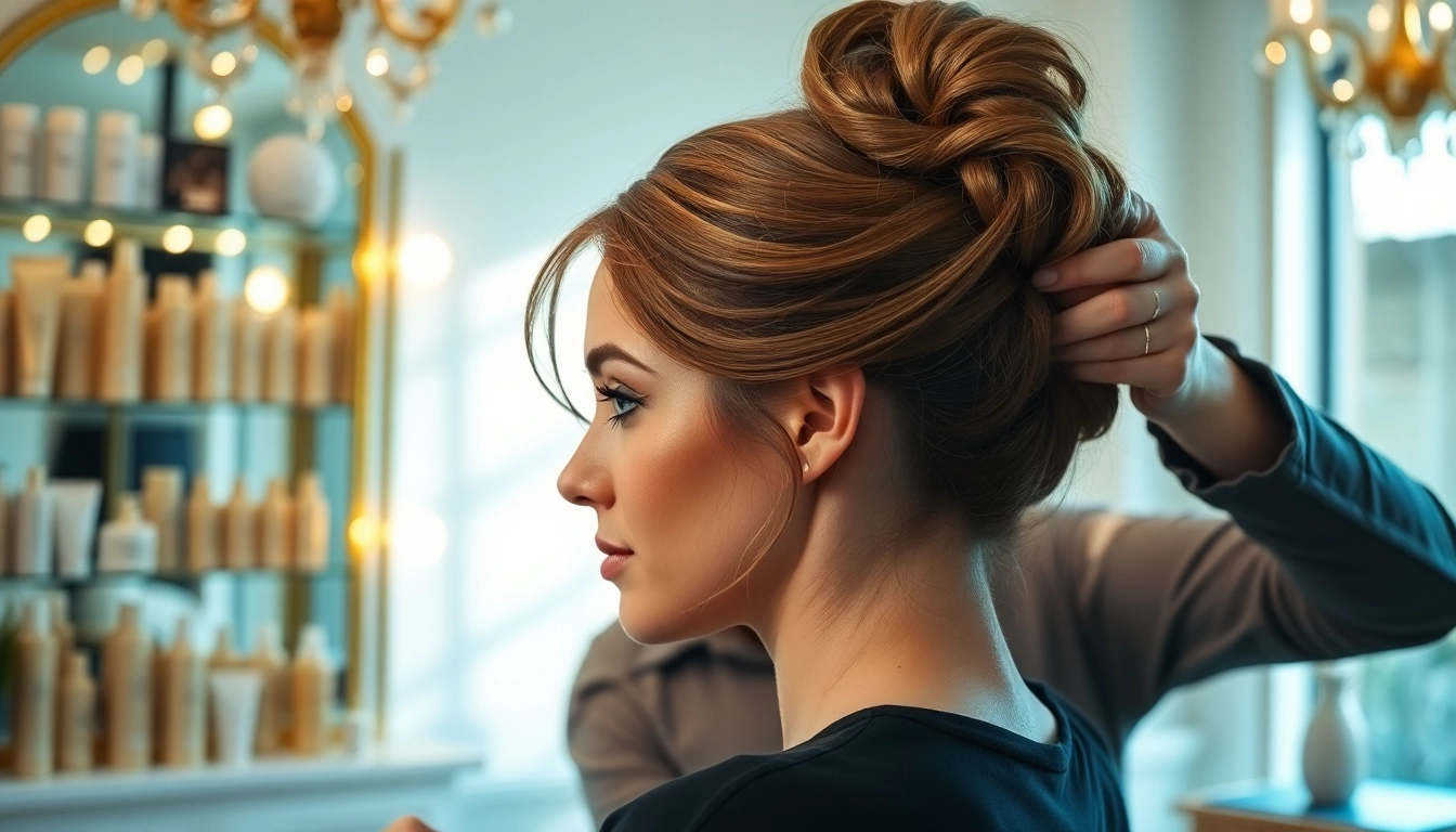 Professional hair stylist demonstrates skillful updo creation in a chic salon.