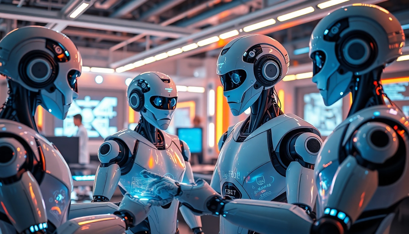 Ai Bots collaborating in a high-tech workspace with dynamic lighting.