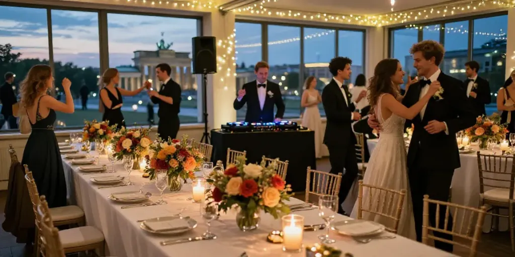Joyful wedding reception in Berlin featuring professional DJ and dancing guests, highlighting hochzeit DJ berlin brandenburg.
