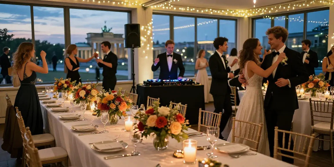 Joyful wedding reception in Berlin featuring professional DJ and dancing guests, highlighting hochzeit DJ berlin brandenburg.